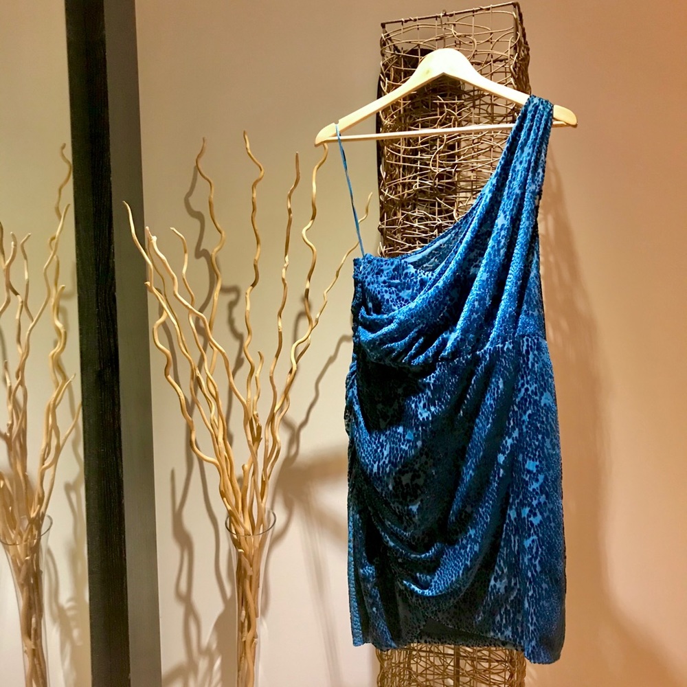 One shoulder sheer overlay cocktail dress